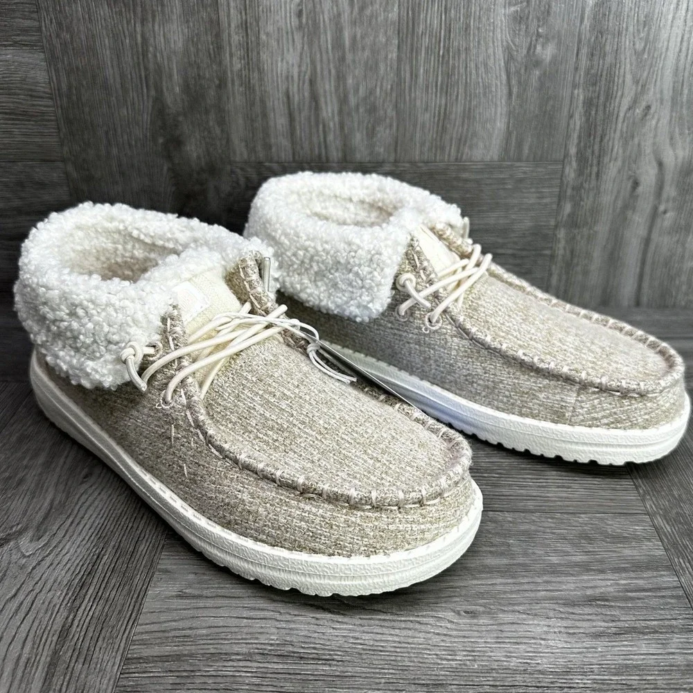 Hey Dude Wendy Fold Y Brushed Cozy Kids J2 Ivory Sherpa Moccasin NEW